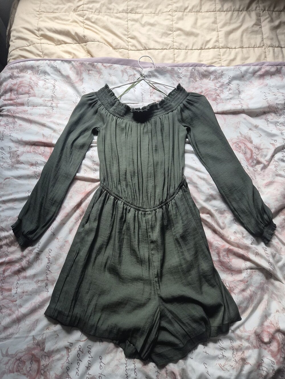 Jennifer Lopez Smokey Green Smocked Neck Blouse Or Off The Shoulders